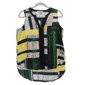 Kenneth Cole Satin Blouse M Yellow Green‎ Abstract V Neck Sleeveless Hi Low Hem